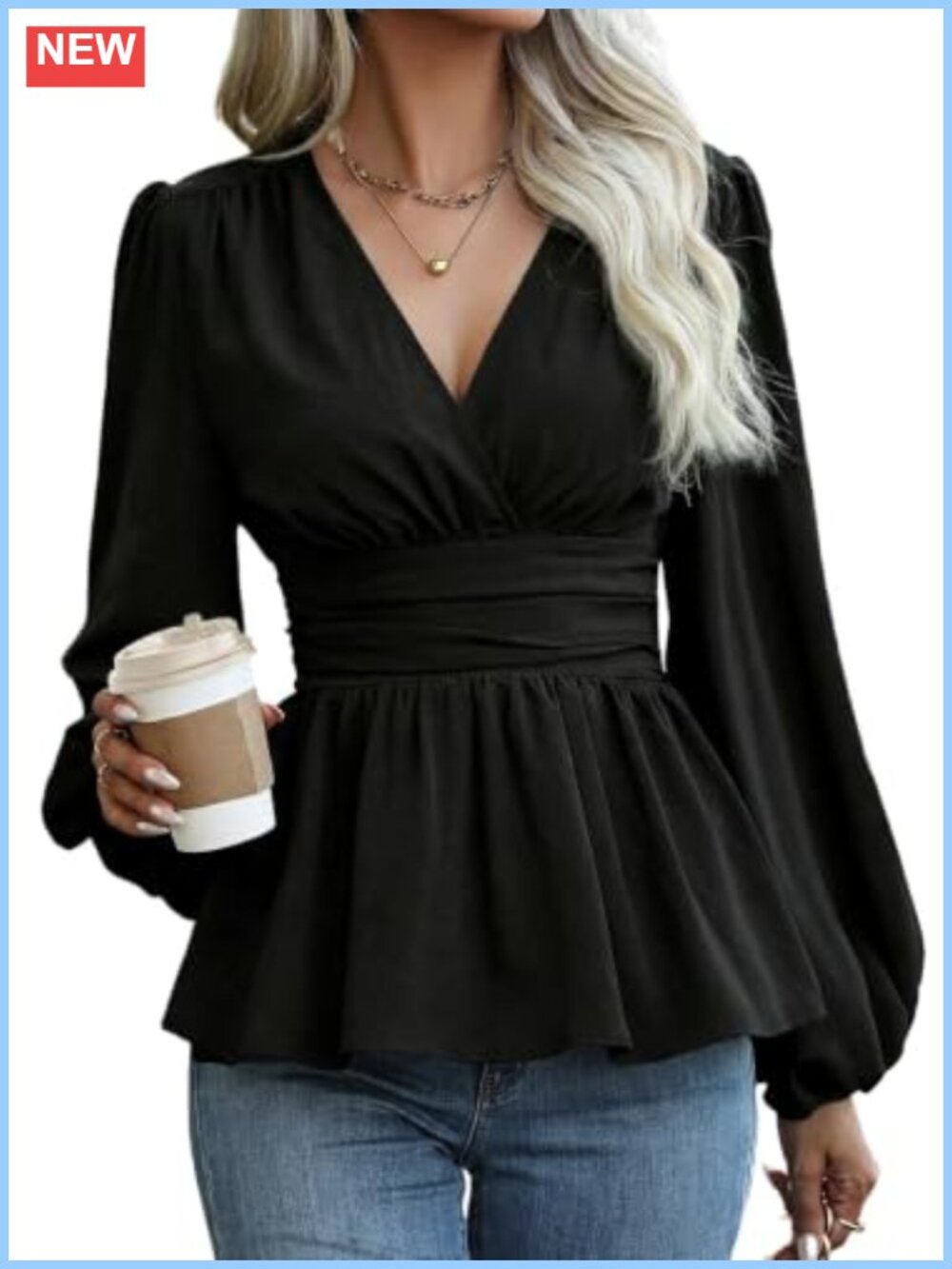 Women's Dressy Wrap V Neck Cinched Waist Peplum Top Long Puff Sleeve Blouse